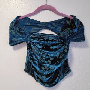 Free People Joni Crop Top Women Velvet Jacquard Burnout Off Shoulder XS Green